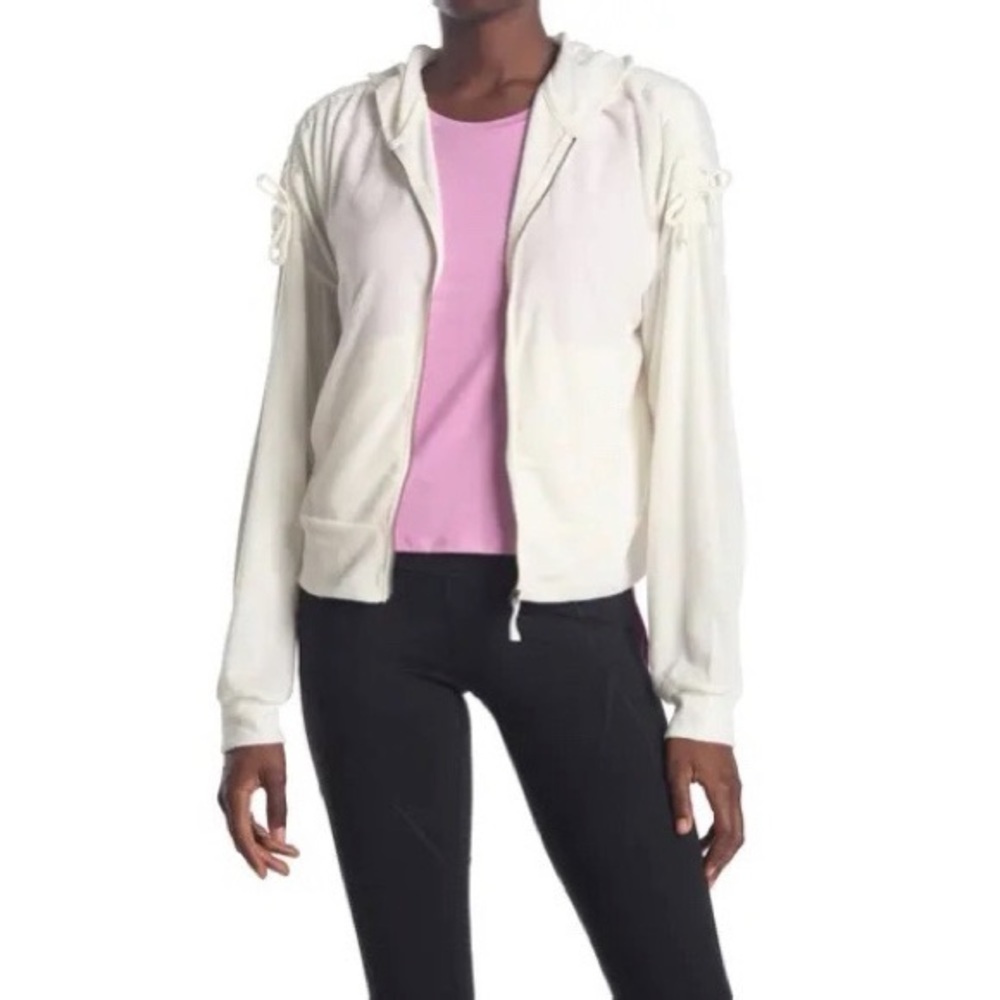 NWT Splendid Cinching Tie Zip Front Hoodie in White Size Large
